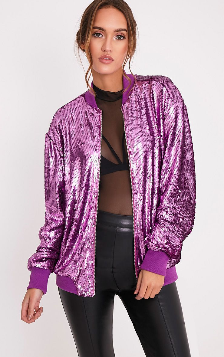 PrettyLittleThing Womens Iola Purple Sequin Bomber Jacket Purple eBay