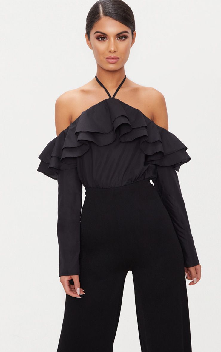 pretty little thing black mesh flock long sleeve body kids