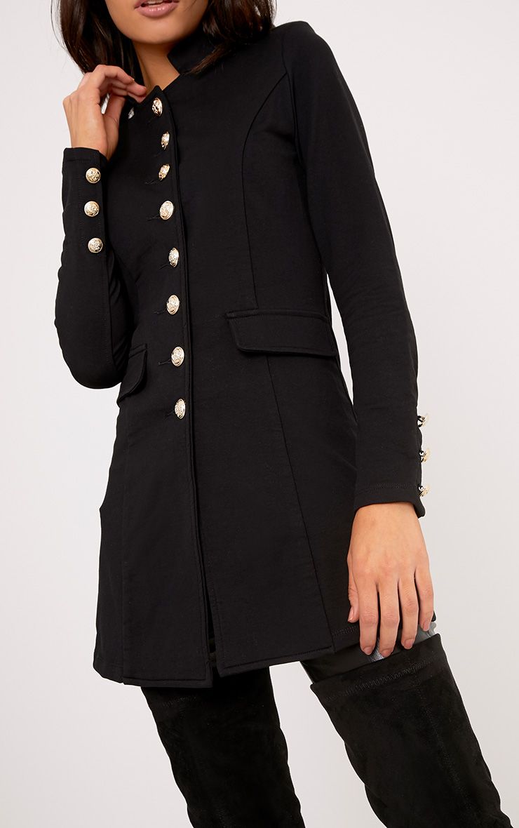 Deleana Black Longline Military Style Jacket Coats & Jackets
