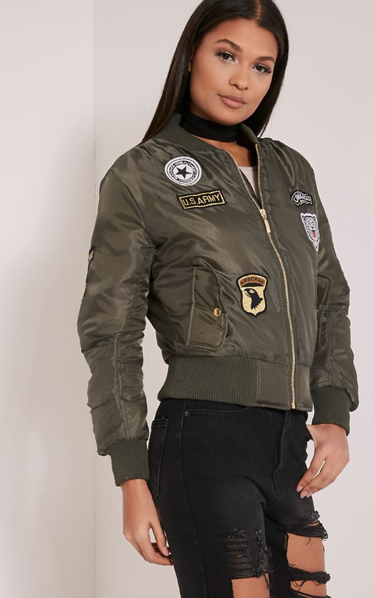 Joya Khaki Utility Badge Bomber Jacket Coats & Jackets