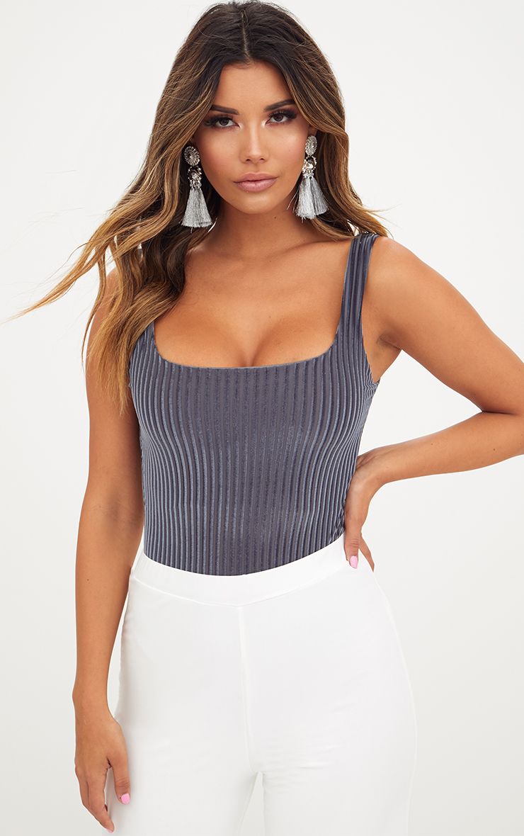 Grey Velvet Ribbed Square Neck Thong Bodysuit | PrettyLittleThing