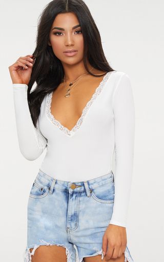 White long sleeve lace insert high leg cupped body hair kardashian