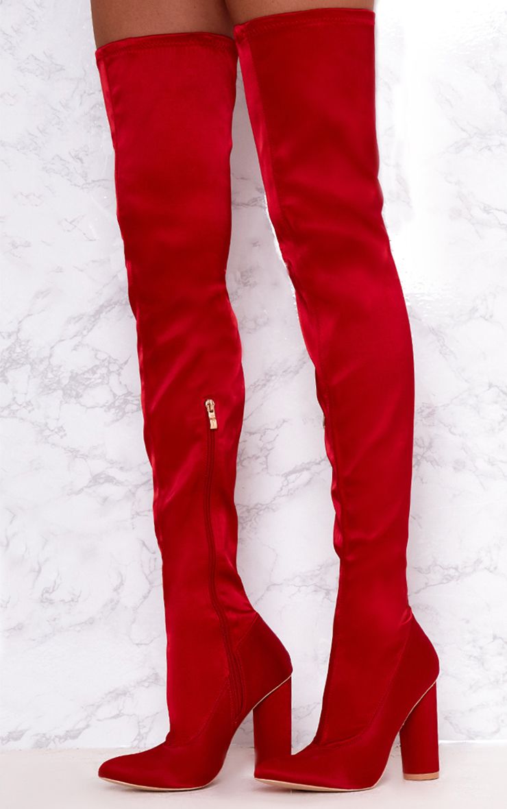 Red Stretch Satin Sock Thigh High Boots. Shoes PrettyLittleThing USA