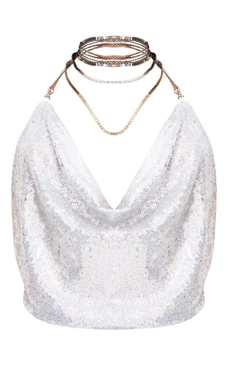Silver Cowl Neck Sequin Chain Crop Top. Tops PrettyLittleThing