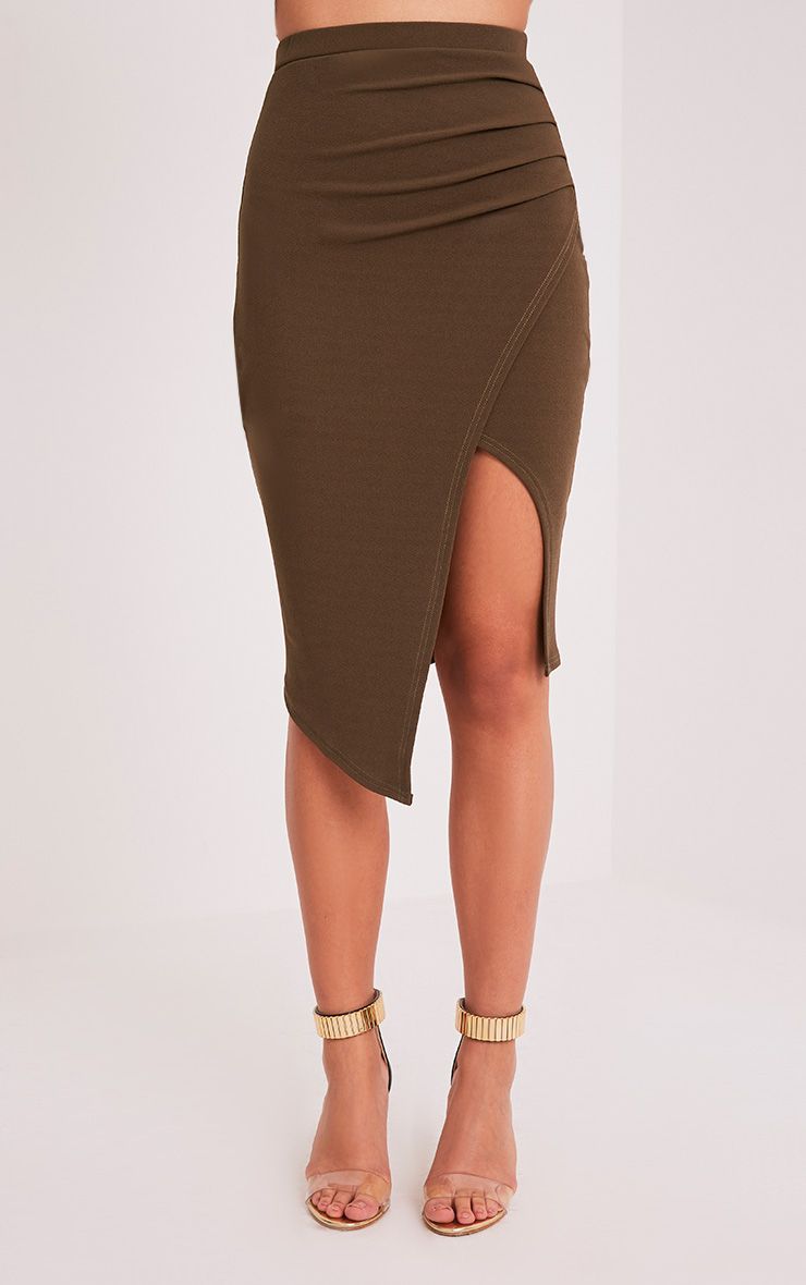 Samira Khaki Wrap Front Crepe Midi Skirt Skirts PrettyLittleThing