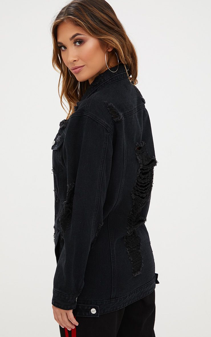 Black Denim Distressed Longline Jacket PrettyLittleThing