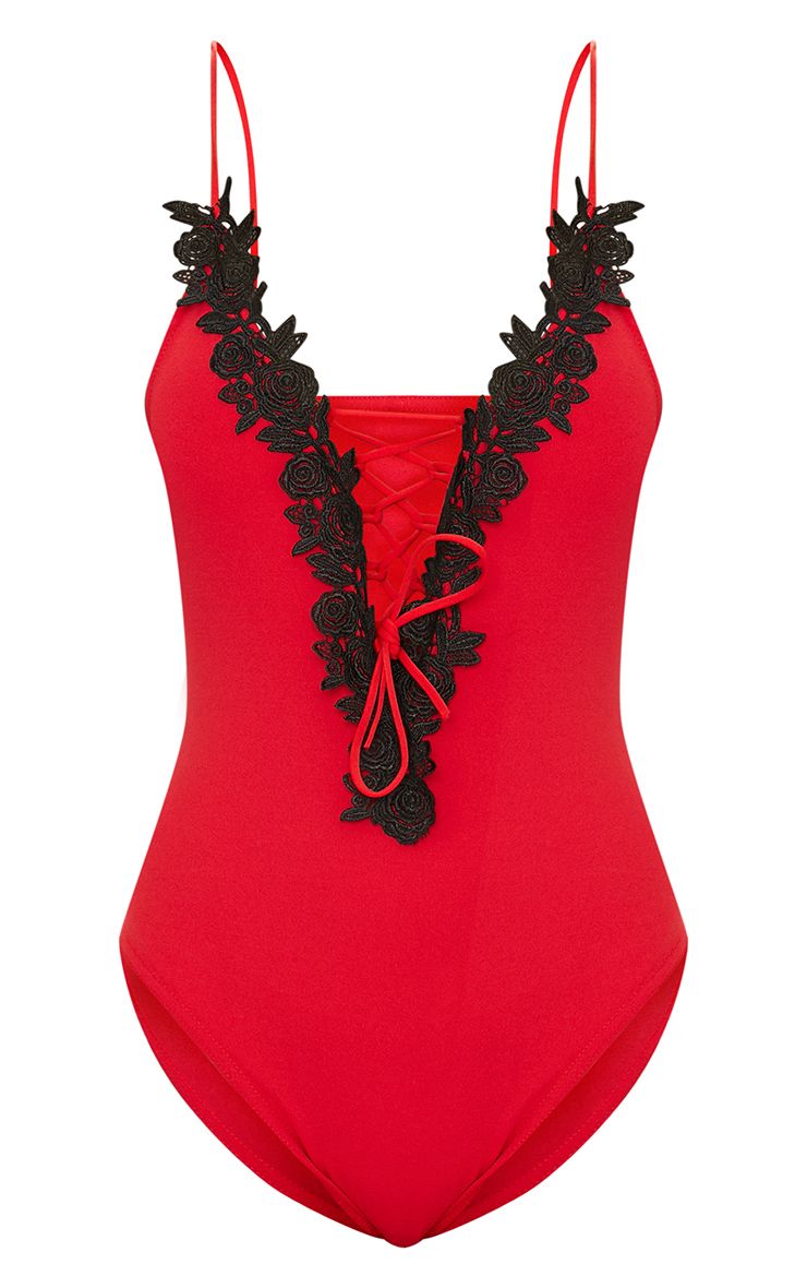 Red Crochet Lace Detail Lace Up Thong Bodysuit PrettyLittleThing AUS