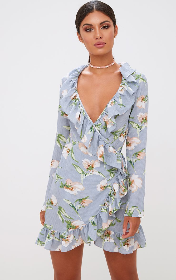 Black Random Floral Print Wrap Mini Dress