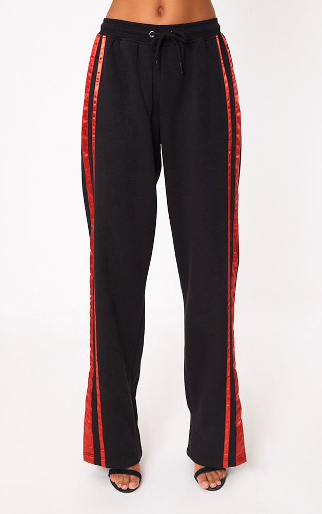 Black Contrast Silk Stripe Wide Leg Track Pants. Trousers