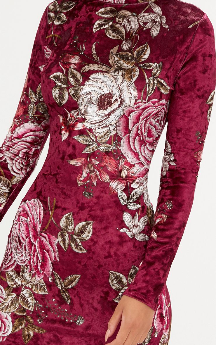 Berry Long Sleeve Floral Velvet Bodycon Dress. Dresses PrettyLittleThing