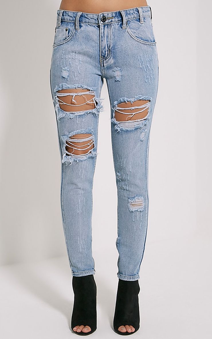 Miranda Blue Ripped Ankle Zip Mom Jeans Jeans PrettyLittleThing