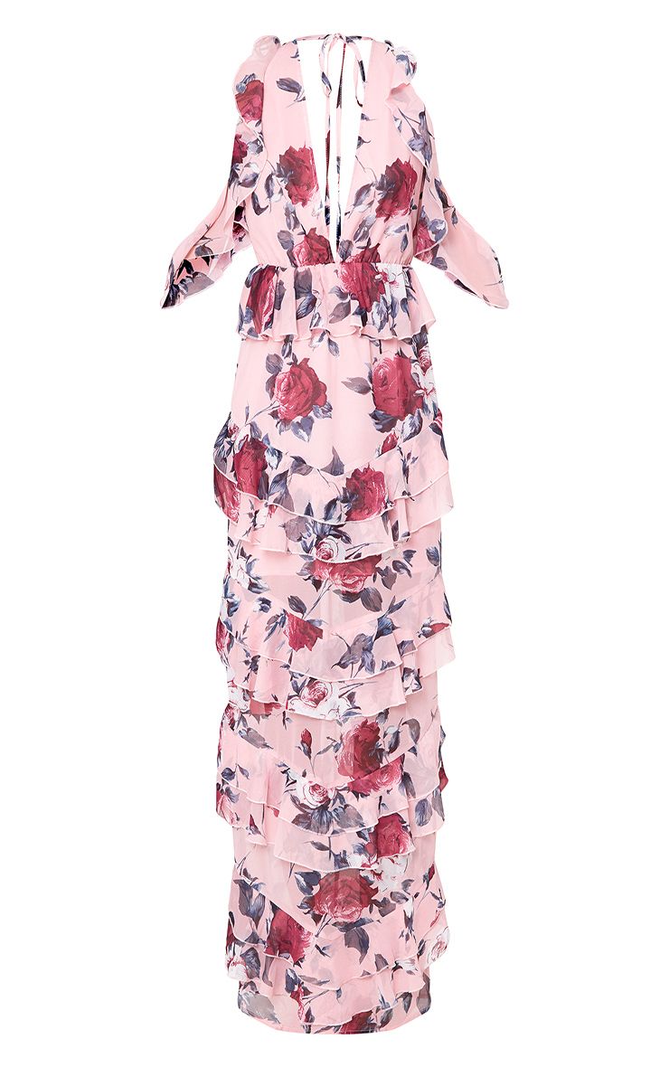 Pink Floral Cold Shoulder Frill Maxi Dress. Dresses PrettyLittleThing