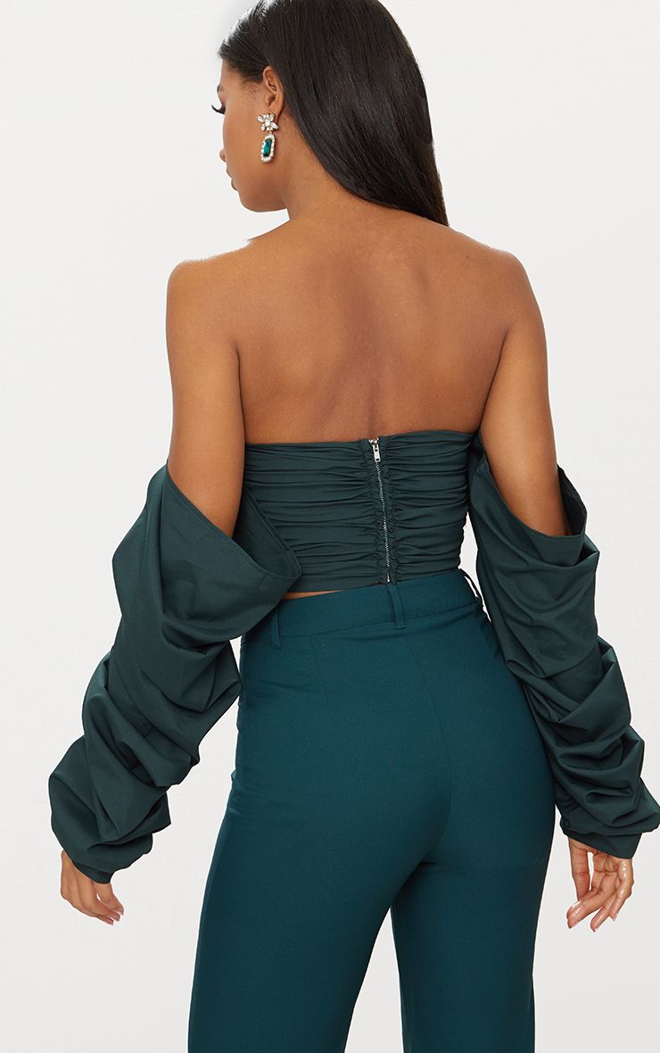 Green Ruched Front Long Sleeve Blouse Tops PrettyLittleThing