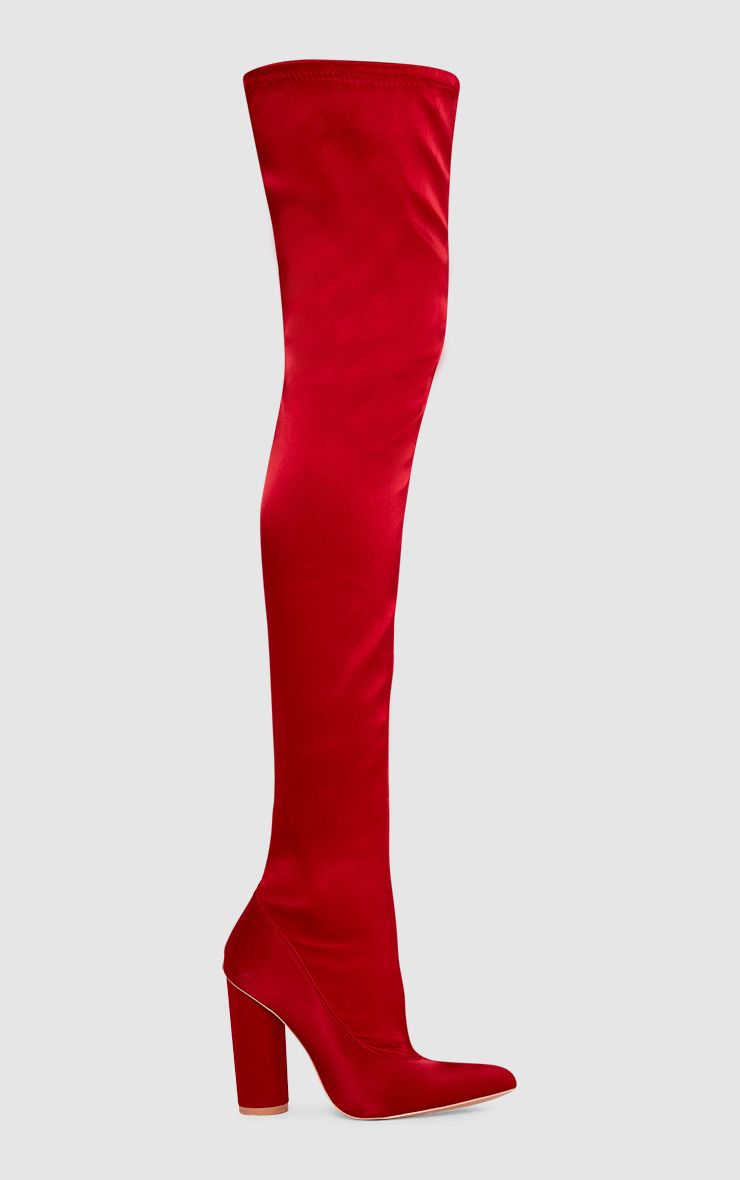 Red Stretch Satin Sock Thigh High Boots. Shoes PrettyLittleThing USA