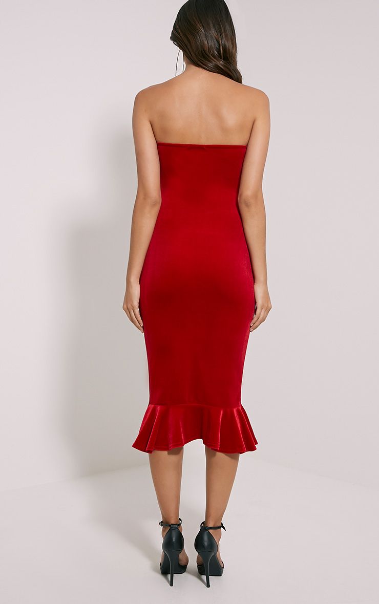 Tawny Red Velvet Bandeau Midi Dress Dresses PrettylittleThing
