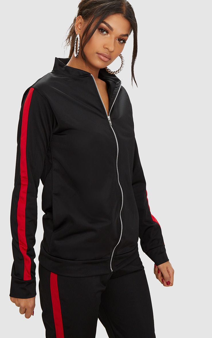 Black Scuba Contrast Stripe Tracksuit Top PrettyLittleThing