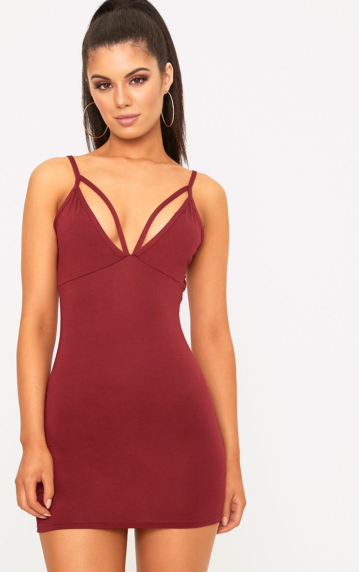 Burgundy Strap Ruffle Bodycon Dress