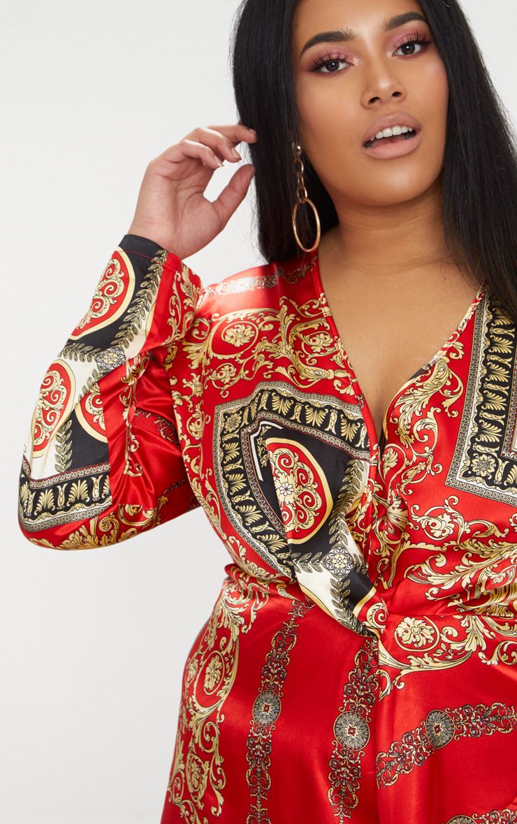Plus red printed satin long sleeve wrap dress midi