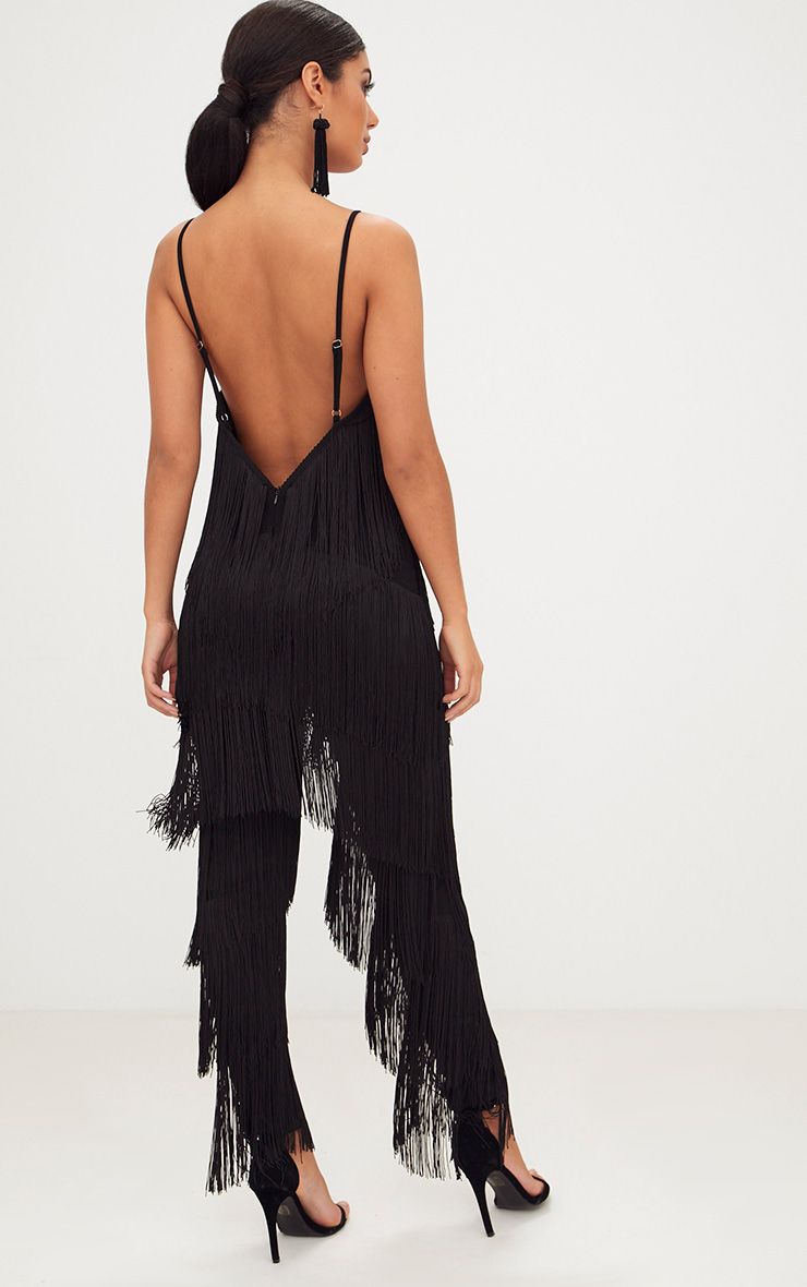 Black Tassel Plunge Jumpsuit PrettyLittleThing