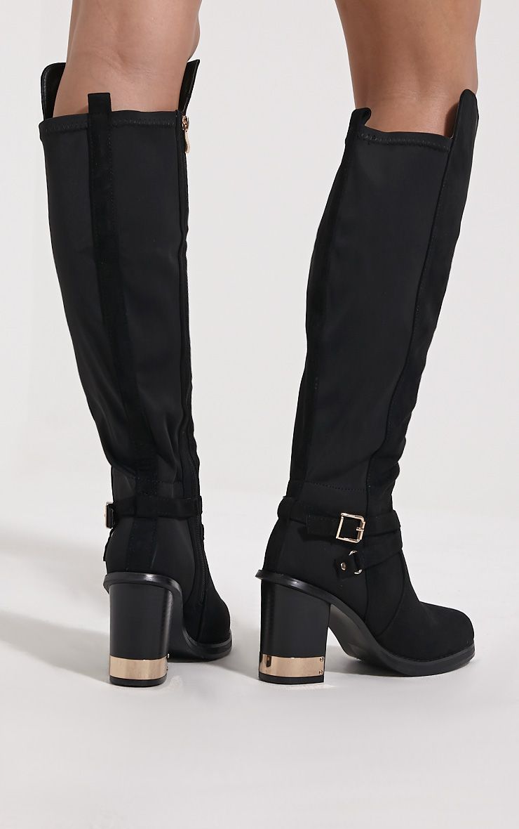 Suzette Black Knee High Suede Buckle Boots - Boots 