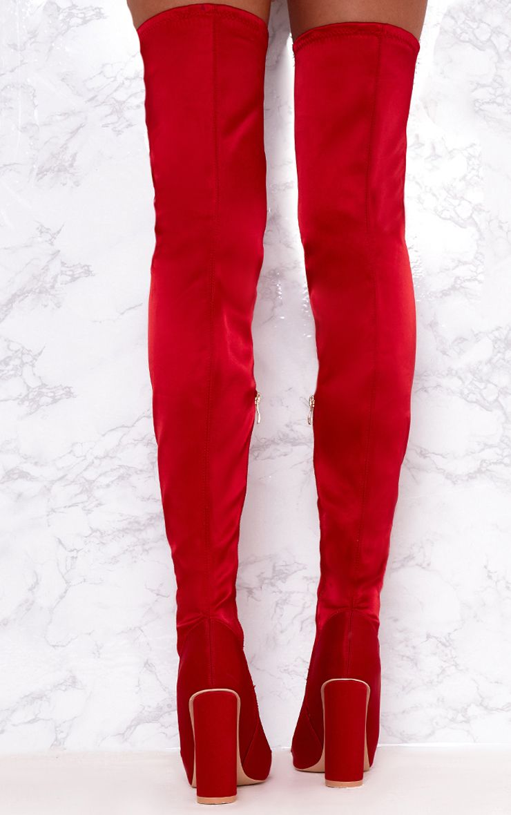 Red Stretch Satin Sock Thigh High Boots. Shoes PrettyLittleThing USA