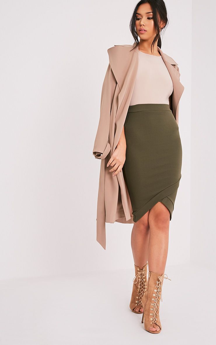 Gabriella Khaki Asymmetric Mini Skirt Skirts PrettylittleThing