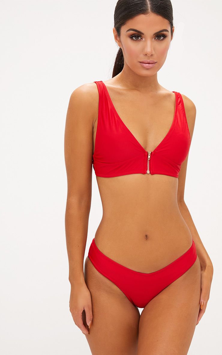 Red Sexy Square Neck Mid-waisted Bandeau Bikini Set