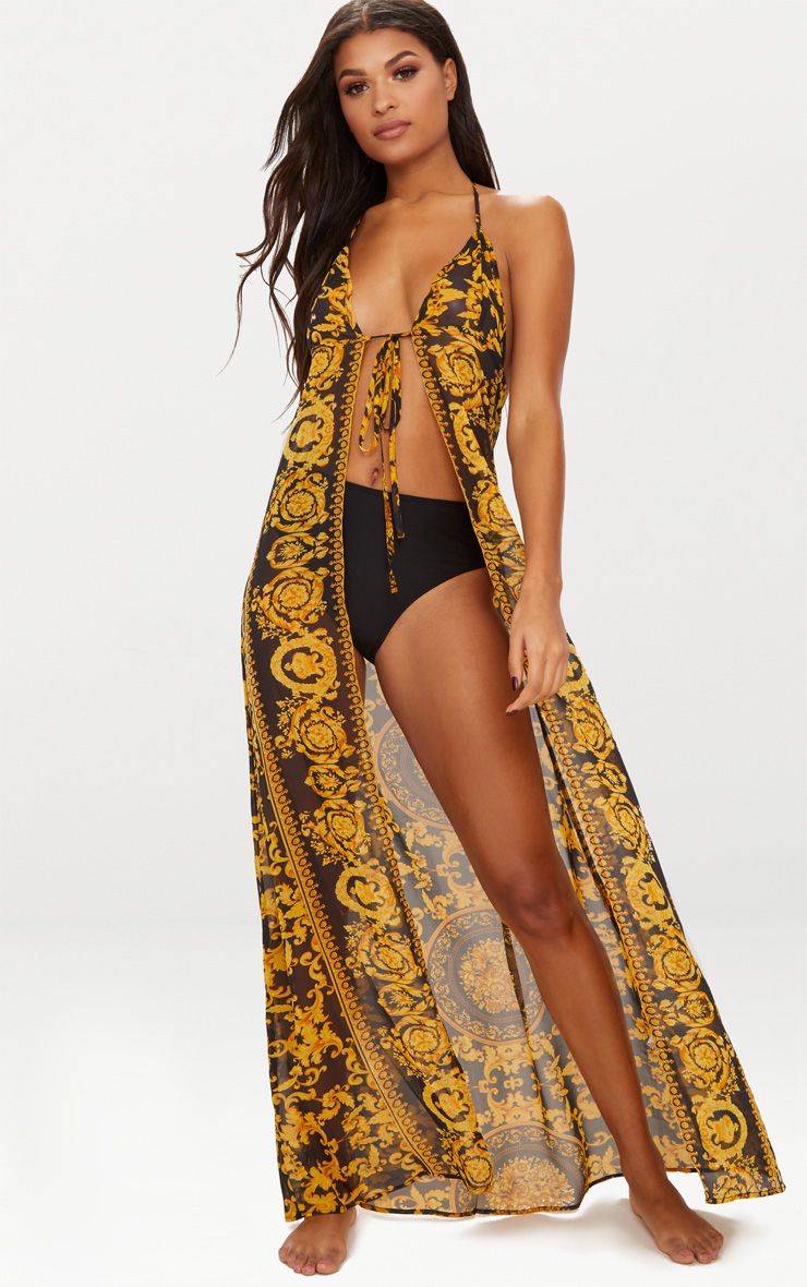 Black Chain Print Chiffon Maxi Beach Dress