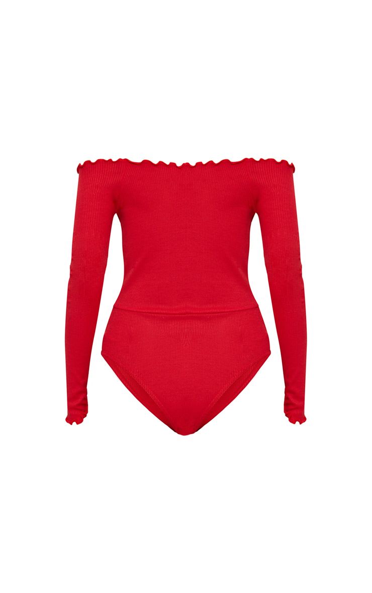 Red Frill Edge Long Sleeve Thong Bodysuit PrettyLittleThing
