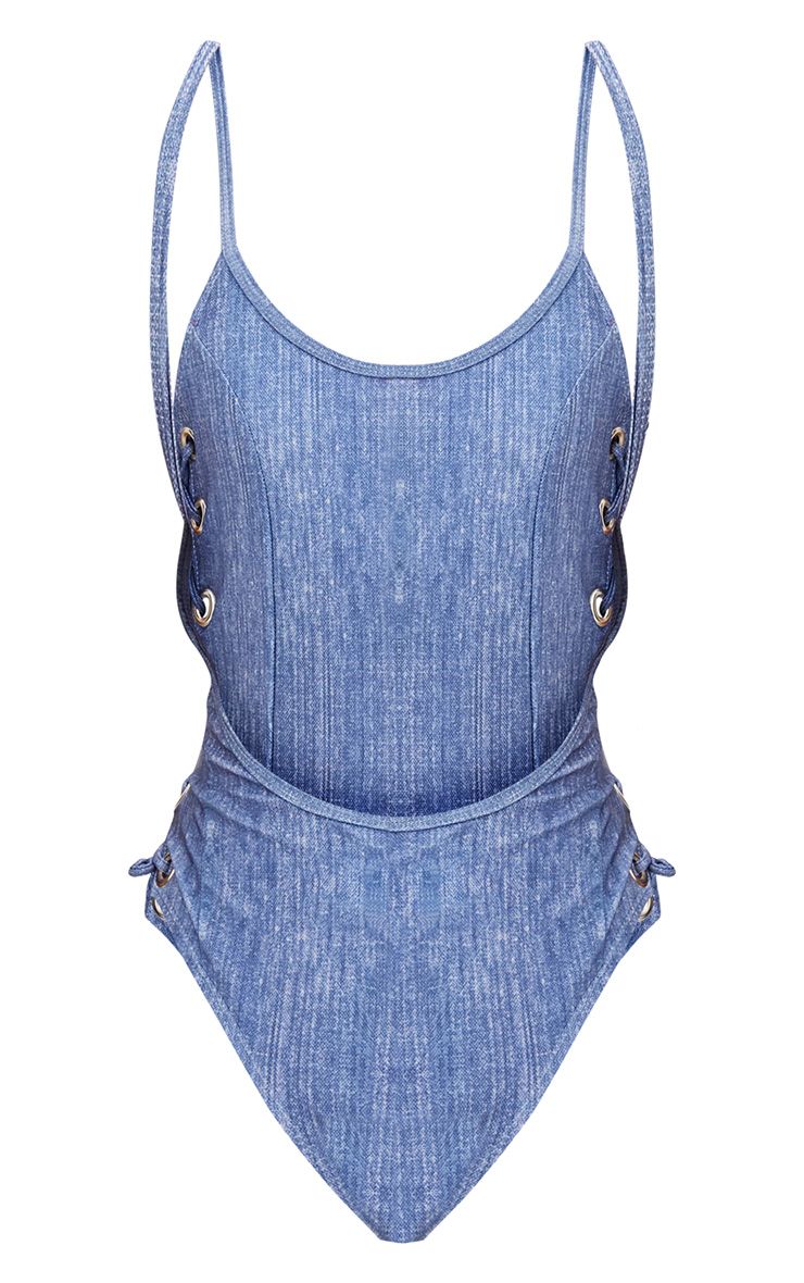 Hollie Blue Denim Look Swimsuit Swimwear PrettylittleThing PrettyLittleThing USA