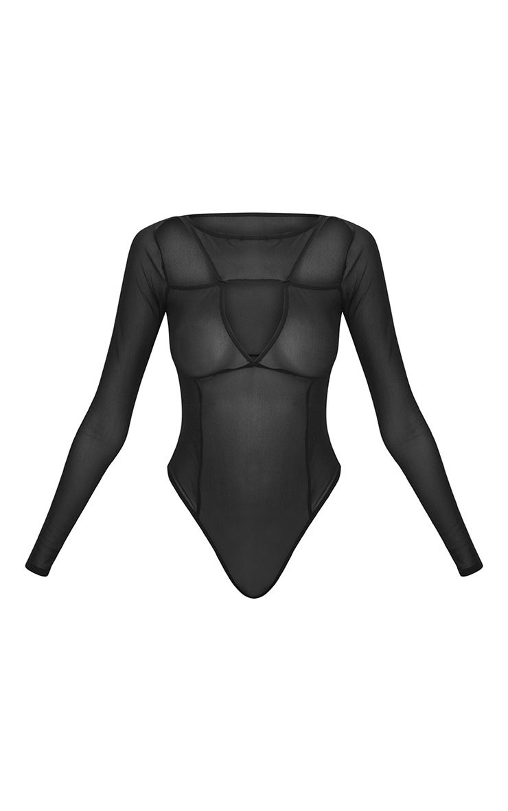 Black Mesh Cut Out Detail Long Sleeve Thong Bodysuit PrettyLittleThing