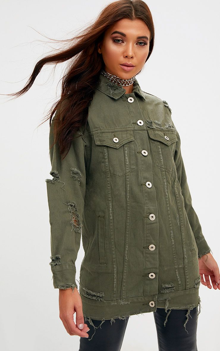 Khaki Longline Distressed Denim Jacket PrettyLittleThing