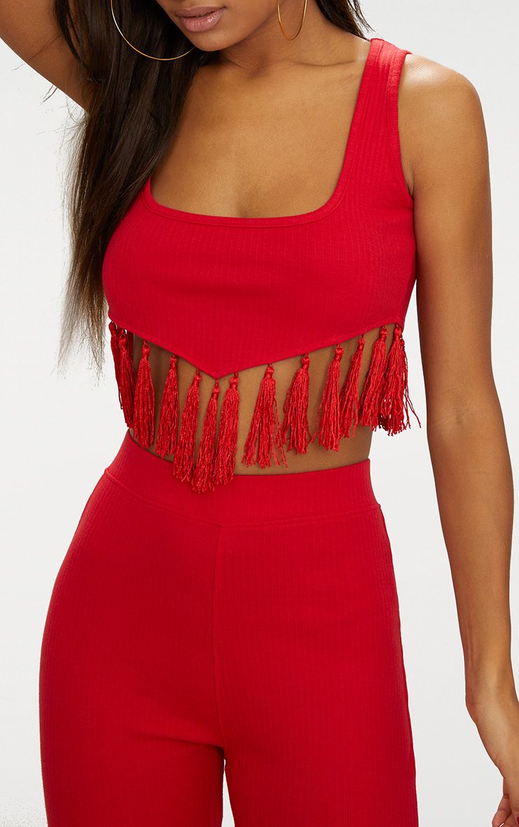 Red Rib Tassel Trim Crop Top  Tops  PrettyLittleThing