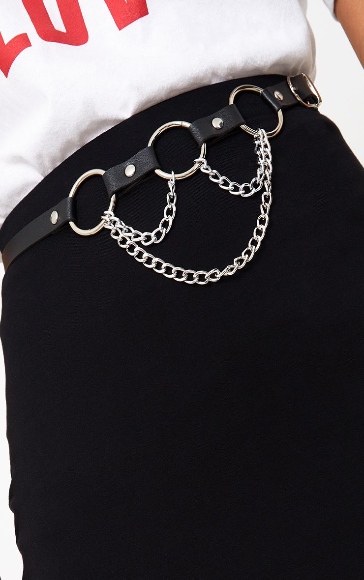 Black Triple Ring & Chain Detail Waist Belt. Accessories 