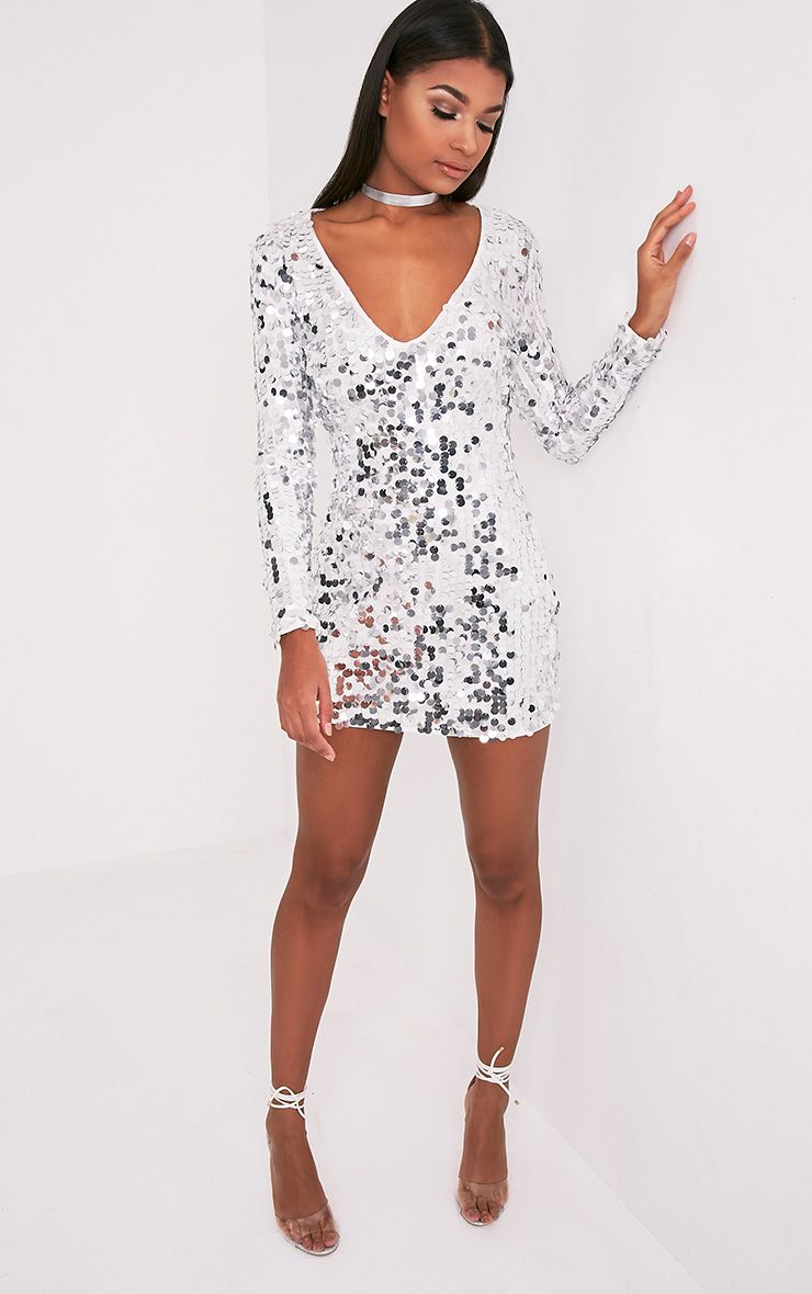 Silver sequin long sleeve bodycon dress