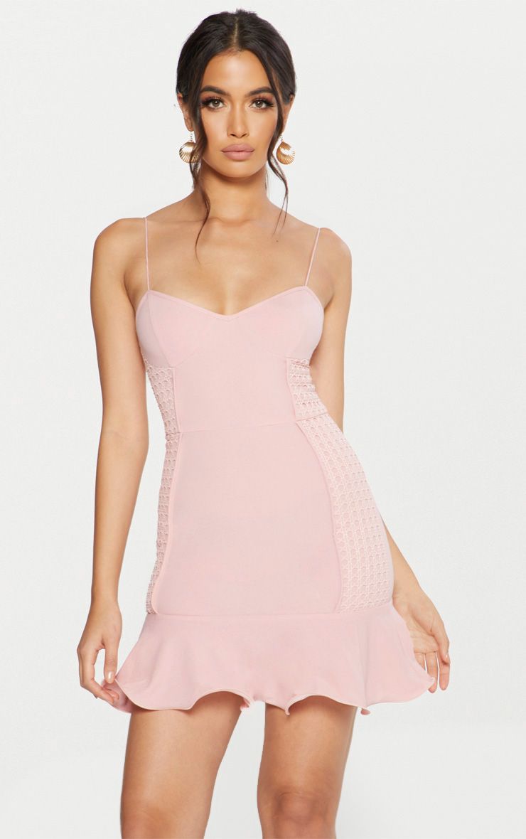 DUSTY PINK LACE PANEL FRILL WIRE HEM BODYCON DRESS