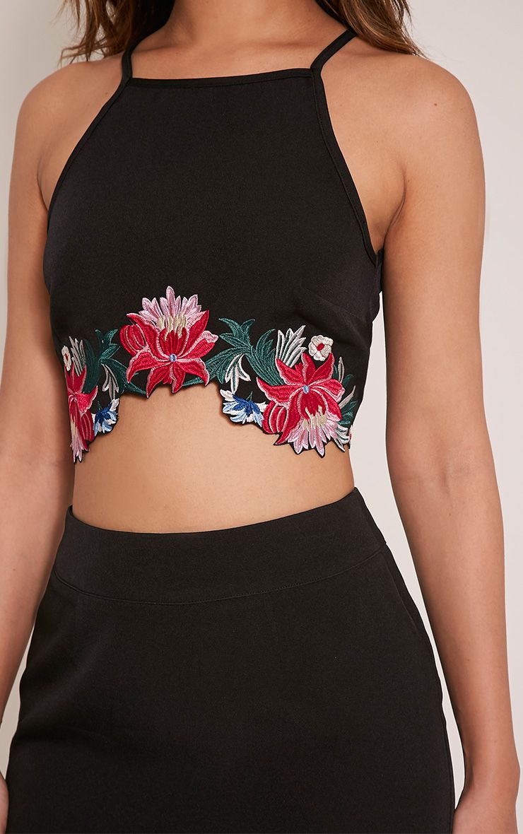 Montana Black Embroidered Halterneck Crop Top Tops