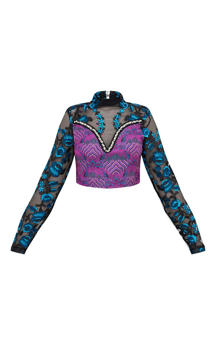 Premium Black Embroidered Jacquard Crop Top. Premium PrettyLittleThing