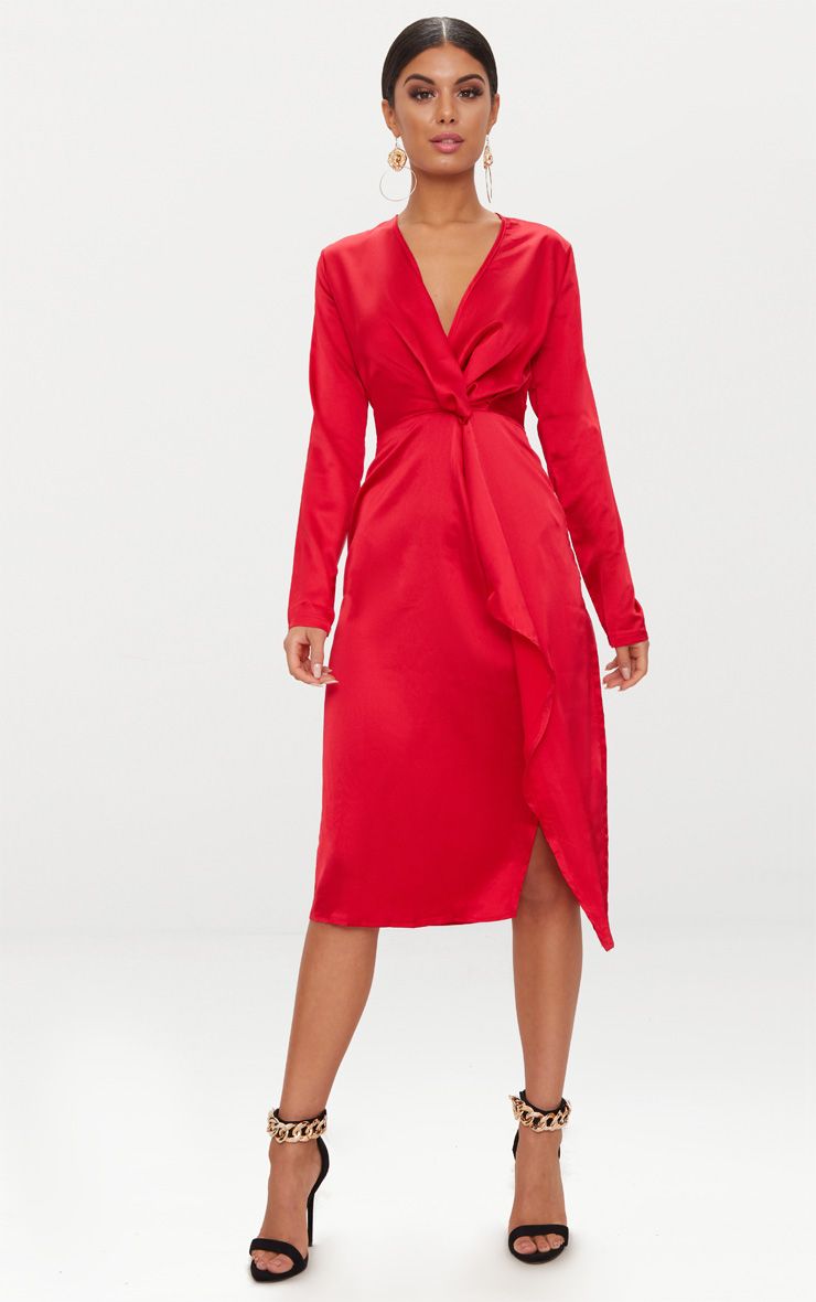Plus red printed satin long sleeve wrap dress for women