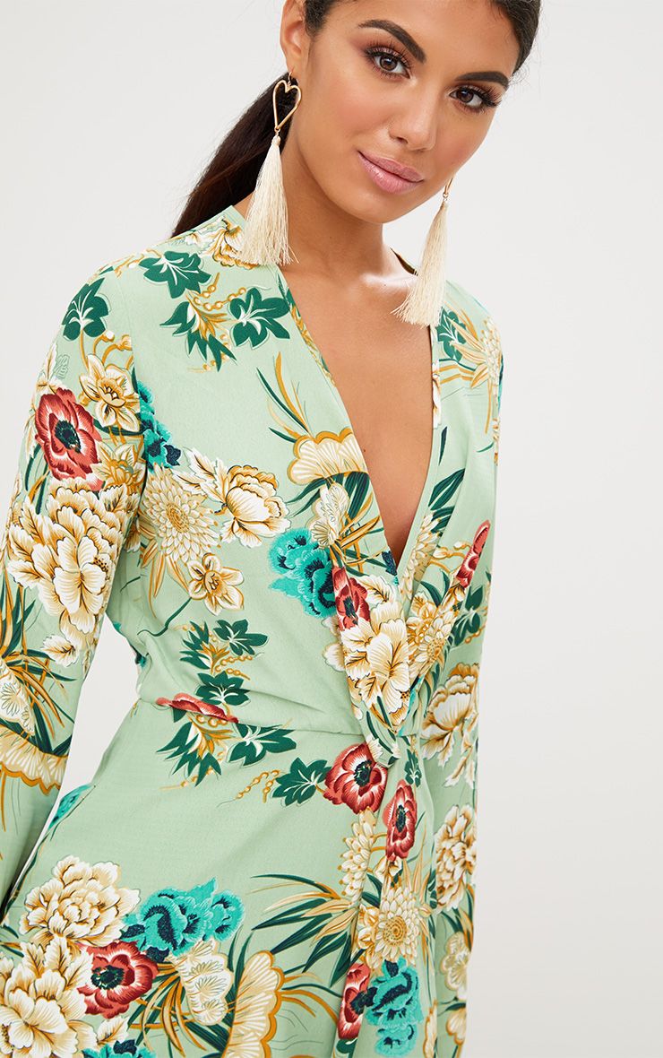 White printed silk long sleeve wrap dress wedding