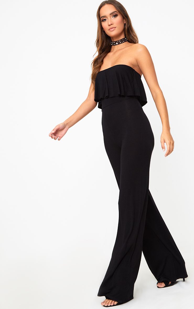 Black Jersey Bandeau Frill Jumpsuit. Jumpsuits PrettyLittleThing