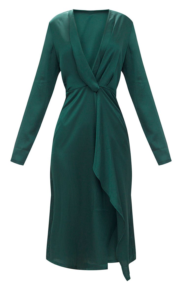 Plus emerald green satin long sleeve wrap dress short