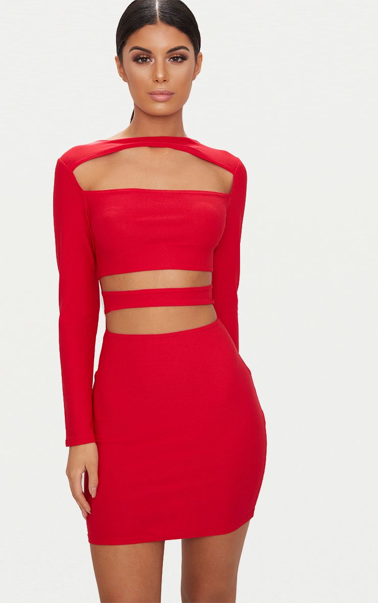 Red Long Sleeve Cut Out Front Bodycon Dress PrettyLittleThing