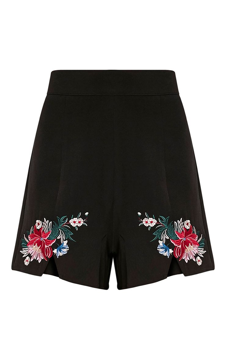 Charis Black Floral Embroidered Shorts Shorts PrettylittleThing