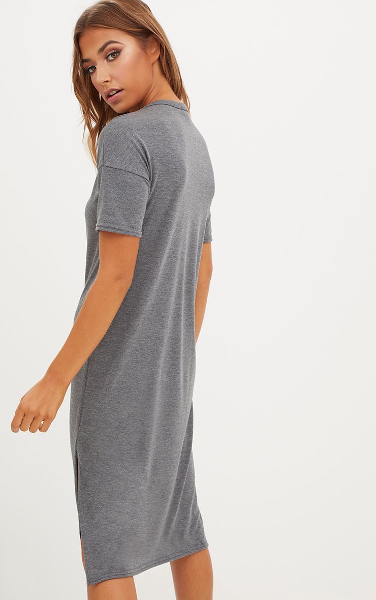 Charcoal Jersey Short Sleeve Midi T Shirt Dress. Dresses