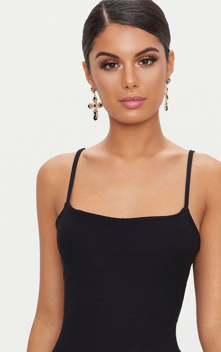 black strappy straight neck bodycon dress
