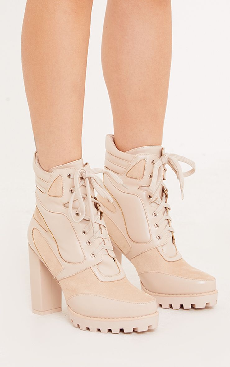 Melora Beige Heeled Biker Boots Shoes PrettyLittleThing