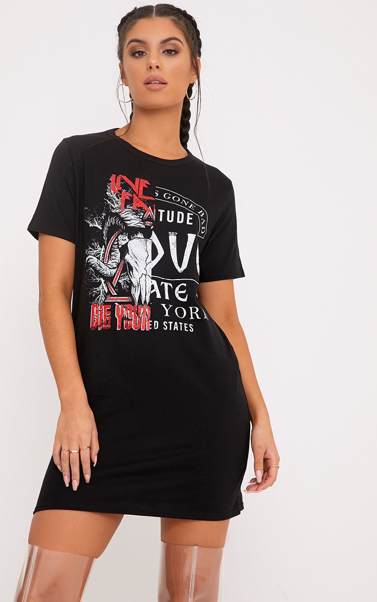 Printed Tshirt Dress Women Black Printed Longline T-shirt Dress