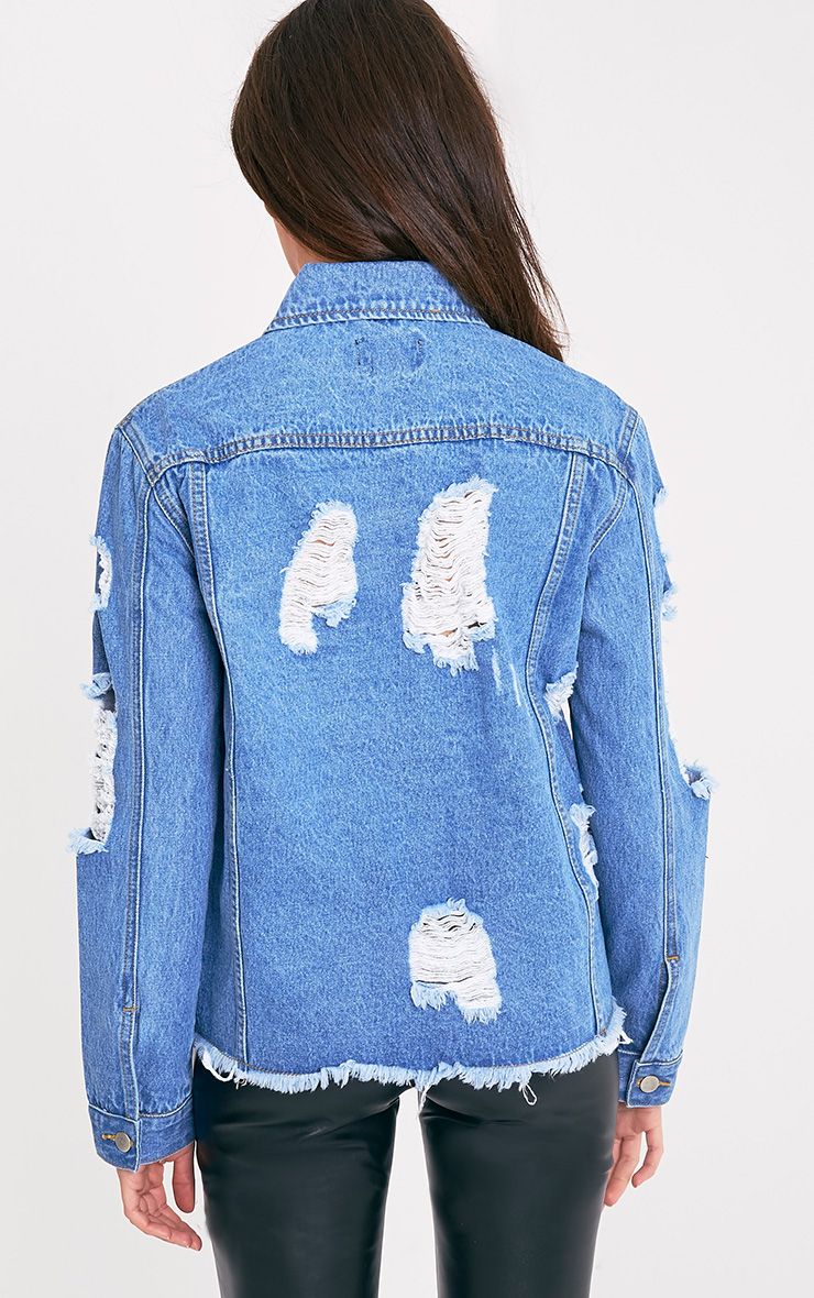 Abegaila Mid Wash Distress Oversized Denim Jacket Denim