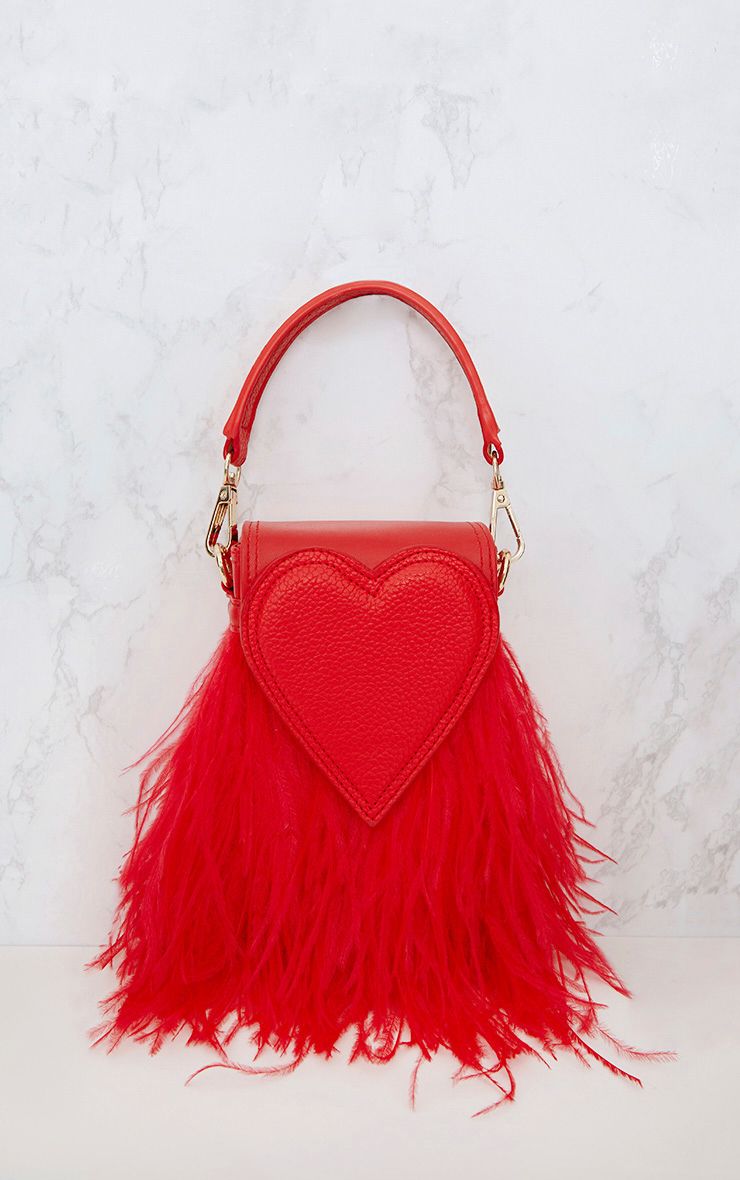 Red Feather Trim Heart Bag Accessories PrettyLittleThing USA